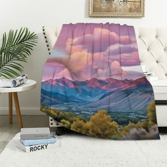 PRATYUS Mountain Range Pink Sky Clouds Flannel Throw Blanket for Sofa Couch All Seasons Lightweight Soft Plush Blanket 50x60in