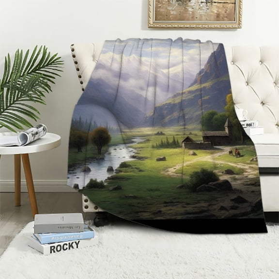 PRATYUS Mountain River House Cozy Throw Blanket for All Seasons - Flannel Material Blanket for Bedroom Living Rooms Sofa Couch 50x60in