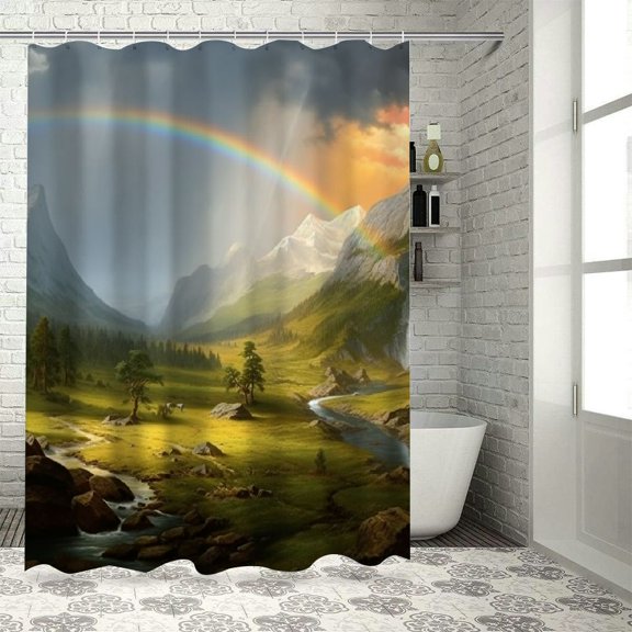 PRATYUS Mountain Stream Rainbow Shower Curtain Waterproof Bath Curtain Set with Hooks, Kids Bathroom Decor 100% Polyester Fiber, Various Sizes 69"x72