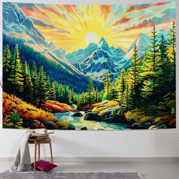 PRATYUS Mountain Sun Tapestry Trippy Forest Tree Tapestries Nature Landscape Tapestry for Bedroom Aesthetic Sunset Wall Tapestry Magic River Wall hanging for Room Painting