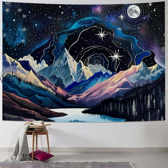 PRATYUS Mountain Tapestry Forest Tree Tapestry for Bedroom Aesthetic Starry Night Moon Stars Tapestrys Wall Hanging for Room Multi Size Painting