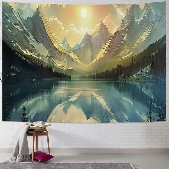 PRATYUS Mountain Tapestry, Sunrise Scenario of Meadows Featuring Groovy Mounts with Lake Clouds,Wall Hanging Decor for Bedroom Living Room Dorm, Peach Fawn Painting
