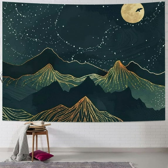 PRATYUS Mountain Wall Tapestry for Bedroom, Green Forest Moon Trees Starry Night Room Decor Tapestry, Gold Nature Stars Landscape Tapestries Aesthetic Poster for Living Room Dorm Office Painting