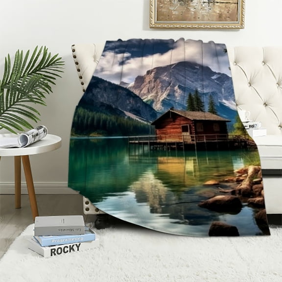 PRATYUS Mountains Lake Cabin Cozy Throw Blanket for All Seasons - Lightweight Flannel Sofa Couch Blanket - Perfect Gift 40x50in