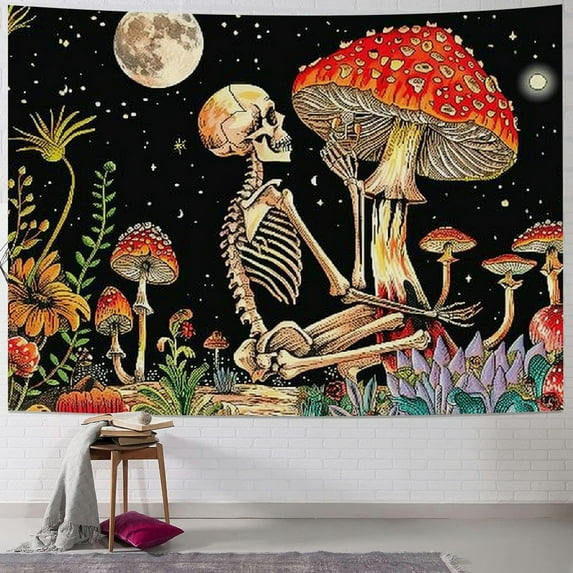 PRATYUS Mushroom Skull Tapestry for Bedroom, Skeleton Lover Wall Hanging, Hippie Moon Star Goth Tapestries, Garden Floral and Butterfly Poster for Living Room Dorm Decor Painting