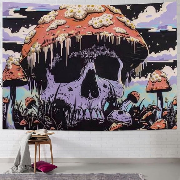 PRATYUS Mushroom Tapestries Skull Skeleton, Leaves, Large Purple Tapestry for Bedroom, Wall Hanging for Room 40x30inch