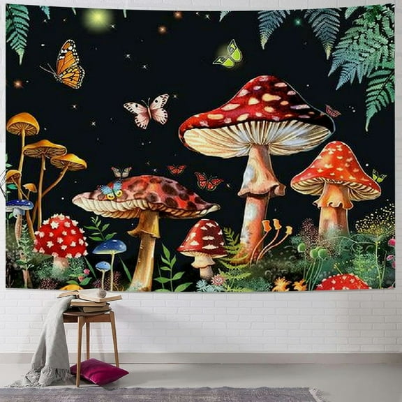 PRATYUS Mushroom Tapestry Colorful Butterfly Tapestry Wall Hanging Moon and Star Black Wall Tapestry for Bedroom Aesthetic Green Plant Botanical Tapestry for Living Room College Dorm Decor,