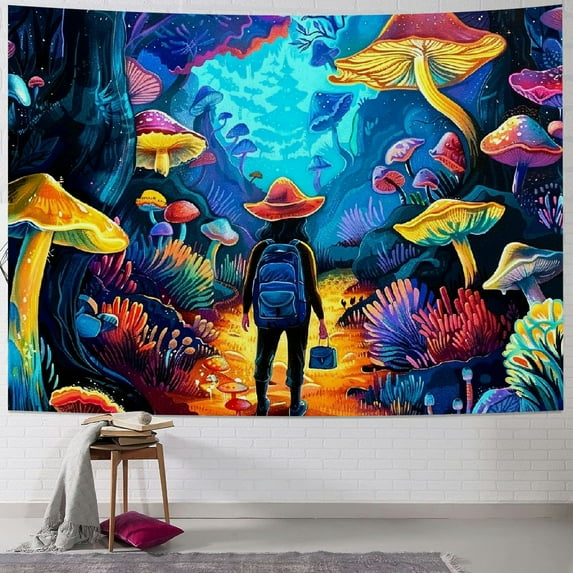 PRATYUS Mushroom Tapestry Hippie Skull Tapestries Reactive Forest Tapestry Cool Eyes Home Decor Aesthetic Cartoon Tapestry Wall Hanging for Teen Girls Bedroom (Multi Size) Painting