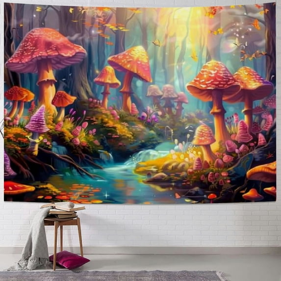 PRATYUS Mushroom Tapestry Misty Forest Tree Tapestry Reactive Floral Plant Wall Tapestry Magical River Tapestry Aesthetic Fantasy Landscape Tapestry Wall Hanging for Bedroom Decor Multi Size Painting