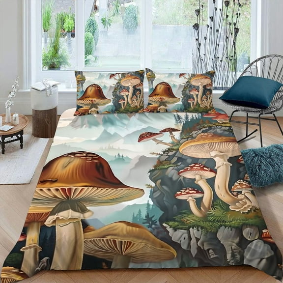 PRATYUS Mushrooms Forest Mountain 3-Piece Bedding Set (Single-Sided Print) Comfortable and Breathable Peach Skin Velvet Bedroom; Guest Room 87x68in
