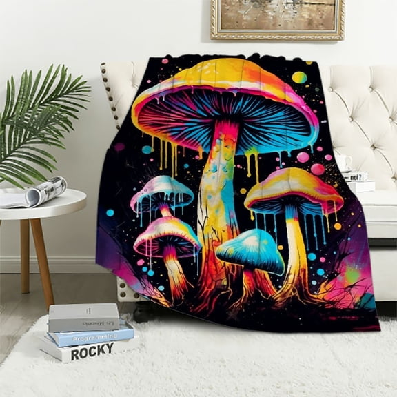 PRATYUS Mushrooms Paint Splatters Black Background Cozy Throw Blanket for All Seasons - Super Soft Lightweight Anti-Wrinkle Blanket 40x50in