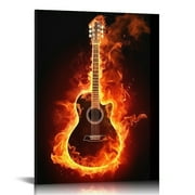 PRATYUS  Music Canvas Wall Art Musical Notes Guitar on Fire Poster and Prints Black Background Music Picture Painting Art Wall Decor Stretched Ready to Hang 16x20 in/12x16 in