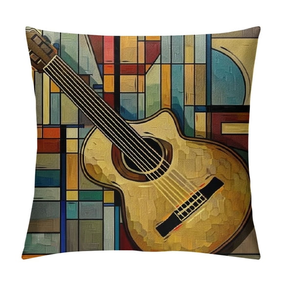 PRATYUS Music Throw Pillow Cushion Cover, Funky Fractal Geometric Square Shaped Background Acoustic Guitar Art, Decorative Square Accent Pillow Case 22x22in