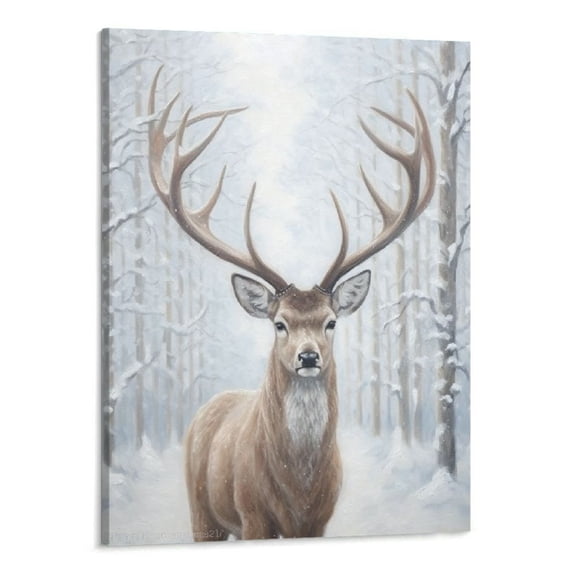 PRATYUS Natural Deer In The Snow Canvas Wall Art Picture 16x20in for Living Room Bedroom 16x20in