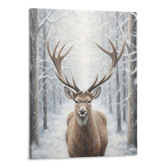 PRATYUS Natural Deer In The Snow Canvas Wall Art Picture 16x20in for Living Room Bedroom 16x20in