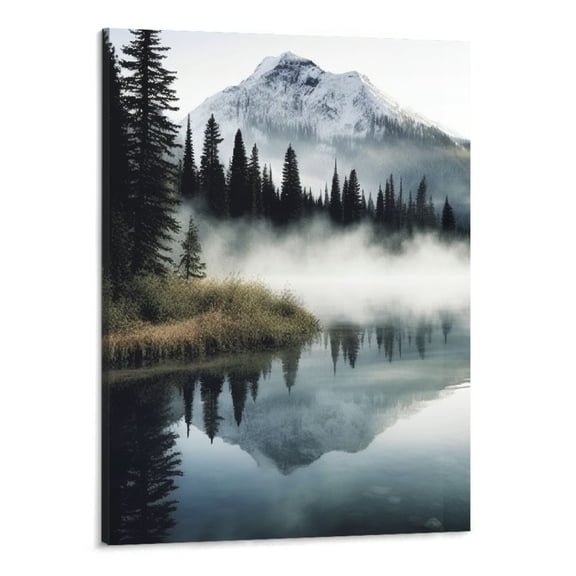 PRATYUS Nature Landscape Canvas Wall Art: Modern Lake Scene Picture Print Vertical Misty Forest Mountain Painting Artwork Decor for Living Room Bedroom Office 16x20 inch
