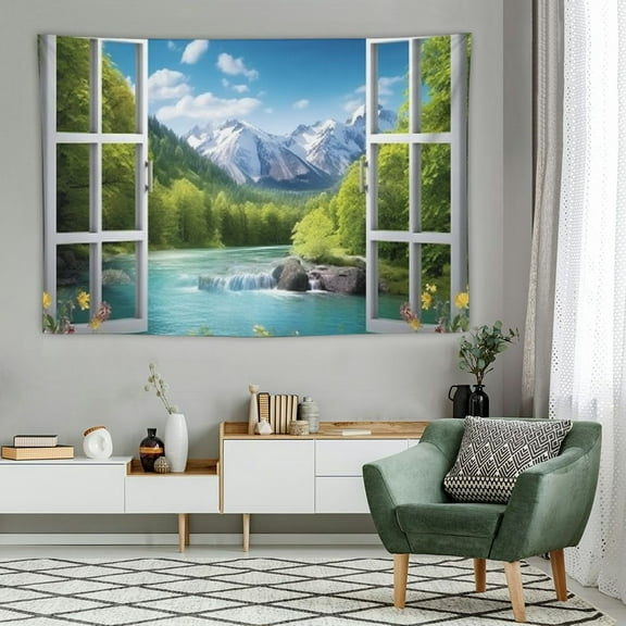 PRATYUS Nature Landscape Tapestry Summer Lush Forest Jungle Waterfall Lake Window Scenery Tapestry Wall Hanging Flower Sunflower Vine Art Wall Tapestry for Bedroom Living Room Dorm 60x40 Inch 60x40in