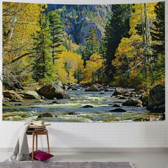 PRATYUS Nature Mountain Forest Tapestry, Scenic Green Pine Tree Waterfall Landscape Wall Hanging Tapestries for Home Office Dorm Indoor and Outdoor Decoration, Multi Size Painting