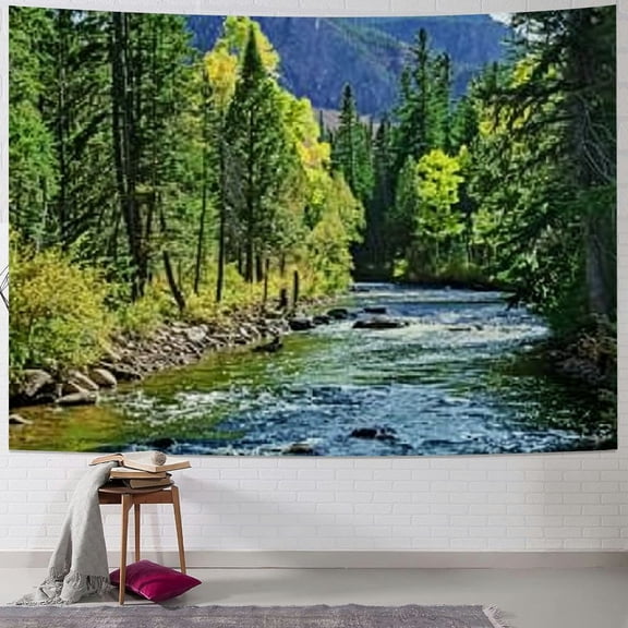 PRATYUS Nature Mountain Forest Tapestry, Scenic Green Pine Tree Waterfall Landscape Wall Hanging Tapestries for Home Office Dorm Indoor and Outdoor Decoration 40x30inch