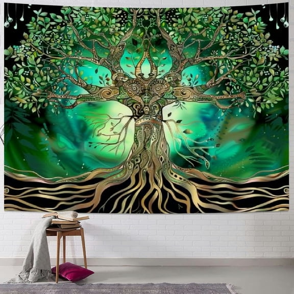 PRATYUS Nature Tree of Life Tapestry Aurora Style Green Leaves Tapestry Mandala Spiritual Tapestries Meditation Tapestries for Home Decor Bedroom Living Room Dorm Decor Painting