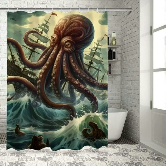 PRATYUS Nautical Shower Curtain, Fantasy Sea World Adventure Kraken Octopus Monster Storm Waves and Sailors Ship, Cloth Fabric Bathroom Decor Set with Hooks 60x72