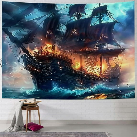 PRATYUS Nautical Tapestry Decor Ghost Sailboat Wall Art Fantasy Ocean scenery Nautical pirate ship Wave Sailing moon Wall Hanging Tapestries Decor Bedroom Living Room Dorm Painting