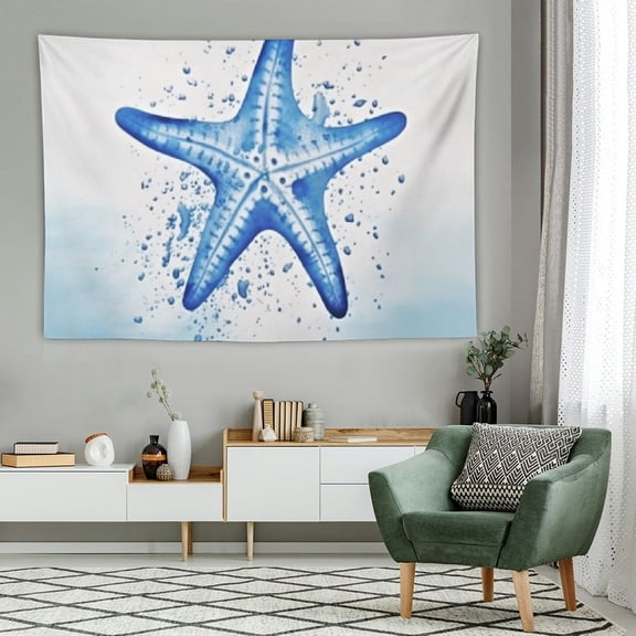 PRATYUS  Nautical Tapestry, Starfish on a Watercolor Paintbrush Watercolor Splash Background Marine Design, Wall Hanging for Bedroom Living Room Dorm Decor, 60x40 Inch, Blue 60x40in