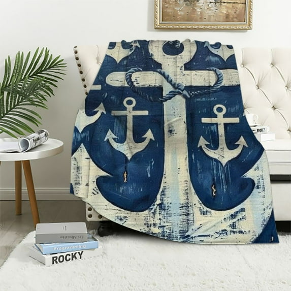 PRATYUS Nautical Throw Blanket,All Season Anchor Bed Blanket Ocean Themed Flannel Fuzzy Blanket for Bed Sofa Couch,Sea Adventure Blue Bedroom Decor Blanket Throw 50x60in