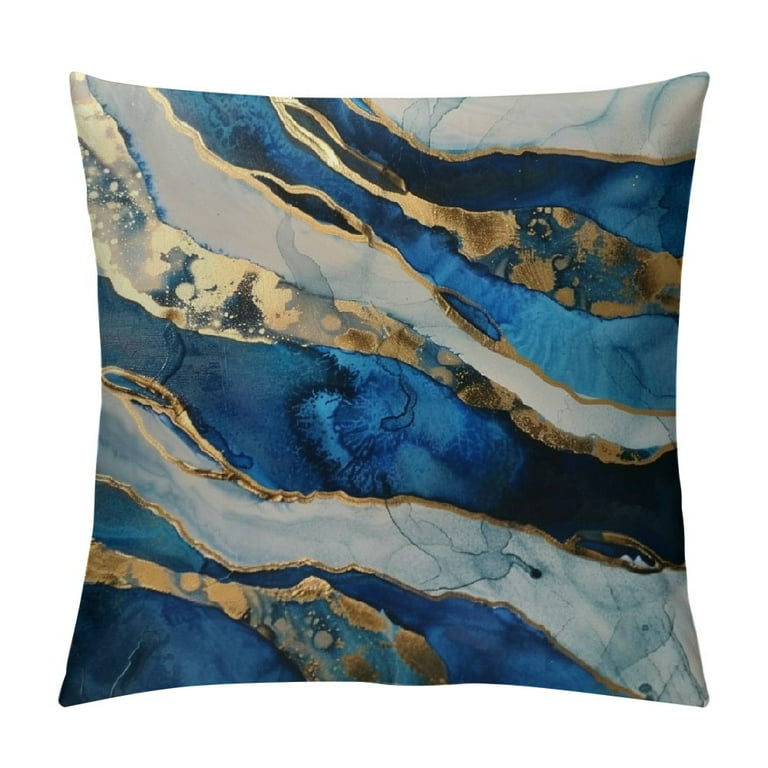 PRATYUS Navy Blue Throw Pillow Covers, Gold Teal Abstract Marble