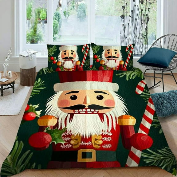 PRATYUS Nutcracker Candy Cane Holly 3-Piece Bedding Set Modern Soft Bedroom Decor Comfortable Breathable Peach Skin Velvet Guest Room Gift for All Ages 87x68in