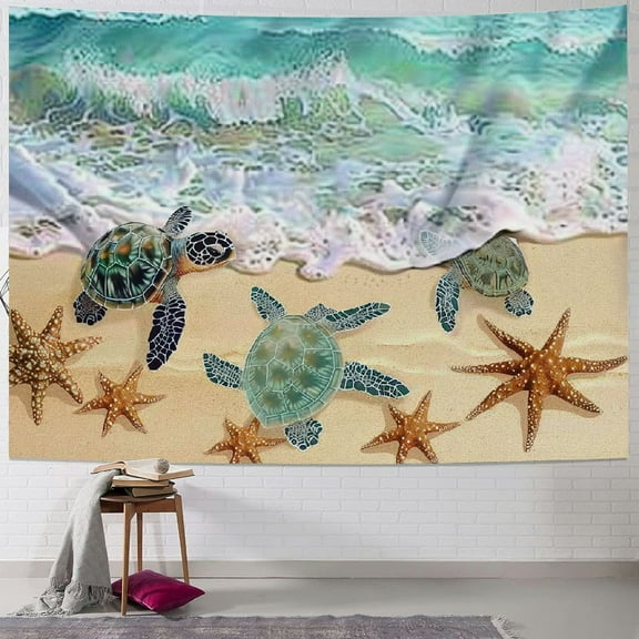 PRATYUS Ocean Beach Tapestry, Sea Turtle Marine Life Seaside Waves Tapestry Wall Hanging for Bedroom College Dorm Wall Decor 50x40inch