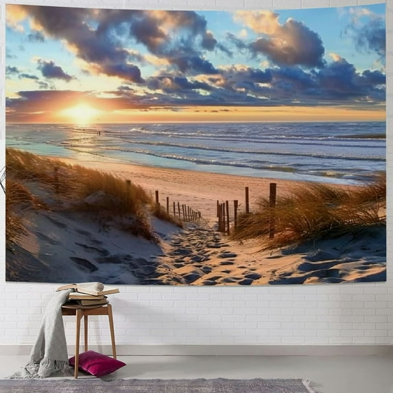 PRATYUS Ocean Beach Tapestry Seaside Wall Decor Sunset Costal Scenery Landscape Wall Hanging Nautical Sea Scenic Sand Blue Sky Summer Relax Bedroom Living Room Dorm Painting