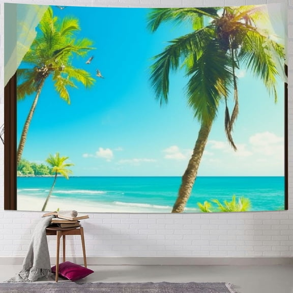 PRATYUS Ocean Beach Tapestry Tropical Seaside Island Palm Tree Waves Tapestries Window View Summer Clear Sea Paradise Landscape Wall Hanging for Living Room Bedroom Home Decor 40x30inch
