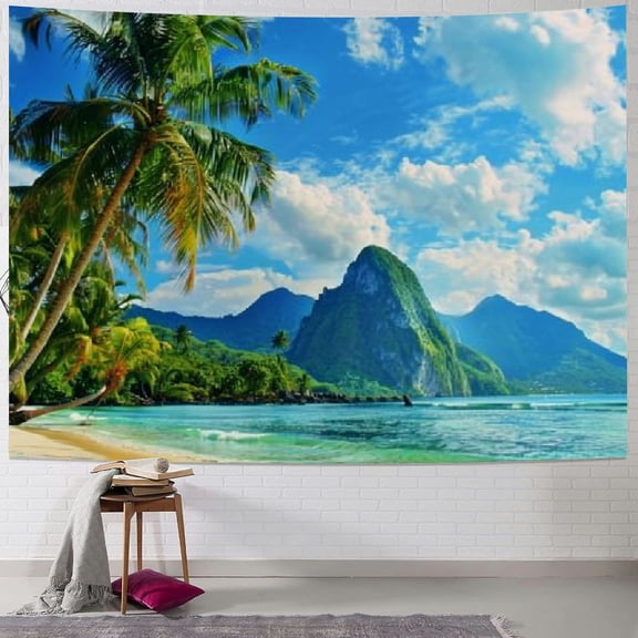 PRATYUS Ocean Beach Tapestry Tropical Seaside Island Palm Tree Waves Wall Tapestry Summer Hawaii Paradise Landscape Wall Hanging Wall Art for Living Room Bedroom Home Decor Painting