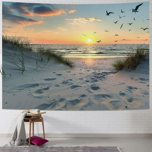 PRATYUS  Ocean Beach Tapestry Wall Hanging, Sunset Seabird and Beach with Grass  Tapestry Natural Landscape Tapestry for Bedroom Living Room Dorm Decoration Wall Decor, Painting