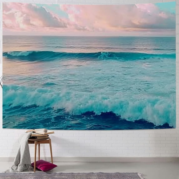 PRATYUS Ocean Pink Sky Tapestry, Teal Sea Ocean with Pink Cloud Wall Tapestry for Bedroom, Pastel Nature Landscape Wall Hanging Tapestry Wall Art for Living Room Home Decor 50x40inch