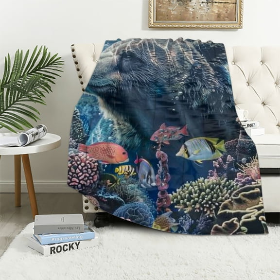 PRATYUS Ocean Throw Blanket, Untouched Wild Aquatic World Corals Exotic Fishes Stingray Seascape, Flannel Accent Piece Soft Couch Cover for Adults 50x60in