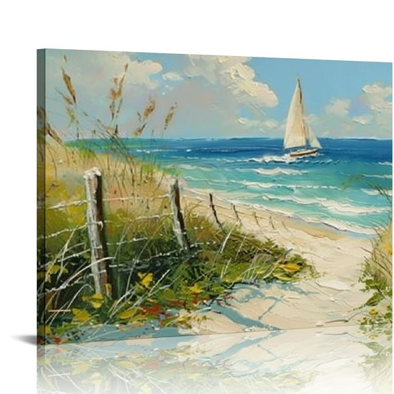 PRATYUS  Ocean Wall Art Canvas Coastal Beach Painting Blue Landscape Sunset Picture, Modern Turquoise Panoramic Sailboat Textured  for Living Room Bedroom Bathroom Wall Decor,  20x16in