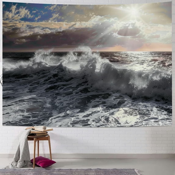 PRATYUS Ocean Wave Black and White Tapestry, Ocean Black Nature Wall Hanging Tapestry Psychedelic Tapestry Decorations Bedroom Living Room Dorm Painting