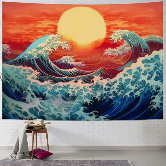 PRATYUS  Ocean Wave Tapestry Sunset Tapestry 3D Great Wave Tapestry Japanese Tapestry for Room 60x50inch