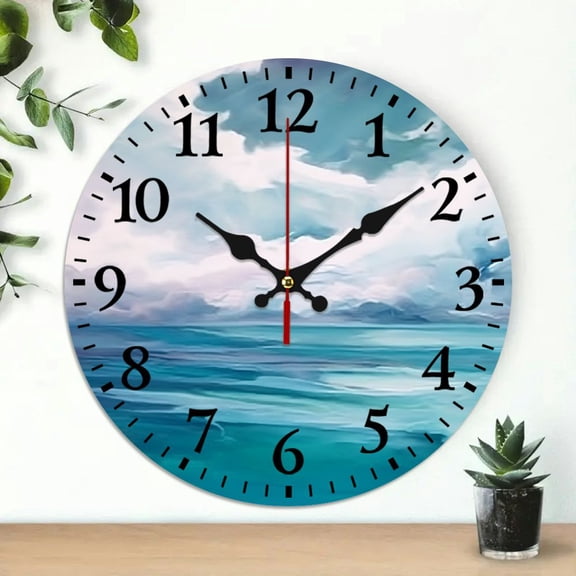 PRATYUS Ocean Waves Theme Wooden Wall Clock for Home Decor, 10-Inch Silent Round Clock for Living Rooms, Kitchens, Dorms - Practical Everyday Gift 10x10in