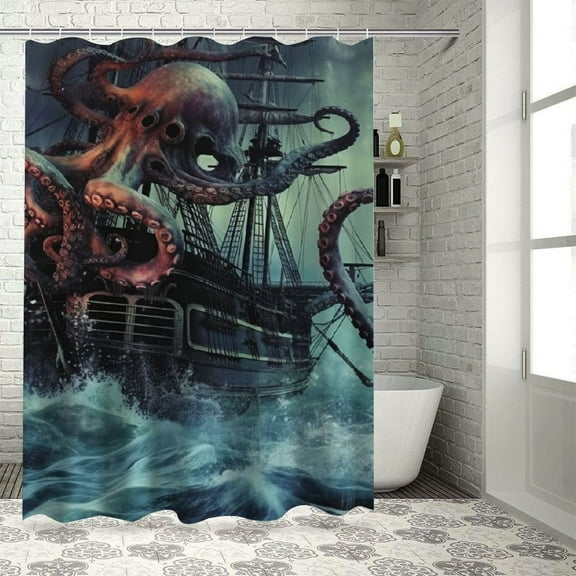 PRATYUS Octopus Shower Curtain Ocean Kraken Attack Nautical Pirate Ship Shower Curtain with Hooks, Octopus Tentacles Sailboat Wave Mountain Under Moon Starry Sky Shower Curtain 60x72