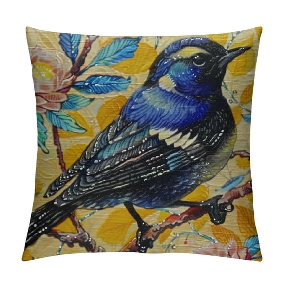 PRATYUS Oil Painting Blue Robin Bird Throw Pillow Covers Yellow Background Lovely Animal with Chrysanthemum Pattern Decorative Cushion Case Cover for Sofa (Blue Robin Bird) White