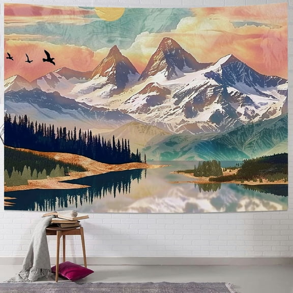PRATYUS Orange and Gree Mountain Tapestry, Nature Forest Tree Lake Landscape Tapestries SunSet n Wall Decor for Home Bedroom Painting