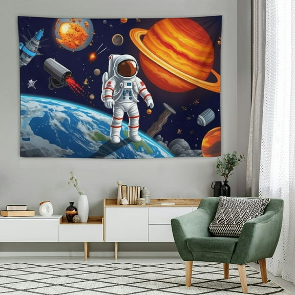 PRATYUS Outer Space Tapestry 60x40 Inch Kids Planet Wall Hanging Cartoon Astronaut Cute Rocket Galaxy Solar System Universe Star Cluster Children Home Dorm Decor Art Living Room Bedroom 60x40in