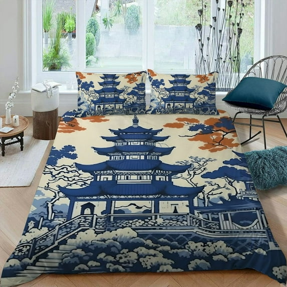 PRATYUS Pagoda Bird 3-Piece Bedding Set Lightweight and Soft Peach Skin Velvet Bedroom Guest Room Decor 87x68in