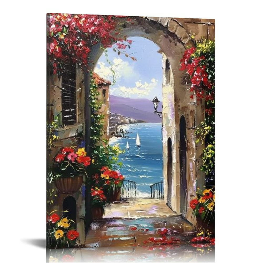 PRATYUS Painted Canvas Wall Art Italy Town Mediterranean Tuscany Sea Coast  Flowers Oil Painting Stretched and Framed Ready to Hang Landscape Scenery  Wall Decor 12x16 in - Walmart.com, image size:1000x1000