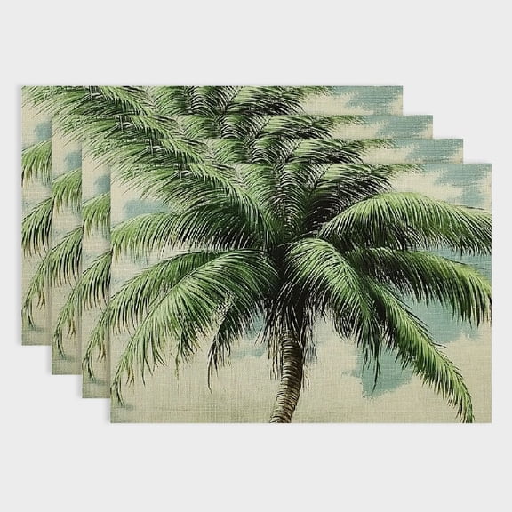 PRATYUS Palm Tree Linen Table Mats - Set of 4 Hard Paper Placemats for Birthday Parties, Christmas Restaurants, and Buffets - Home Decoration 18x12in
