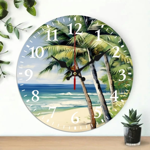 PRATYUS Palm Trees Beach Ocean Round Wooden Wall Clock 10 Inch 10x10in