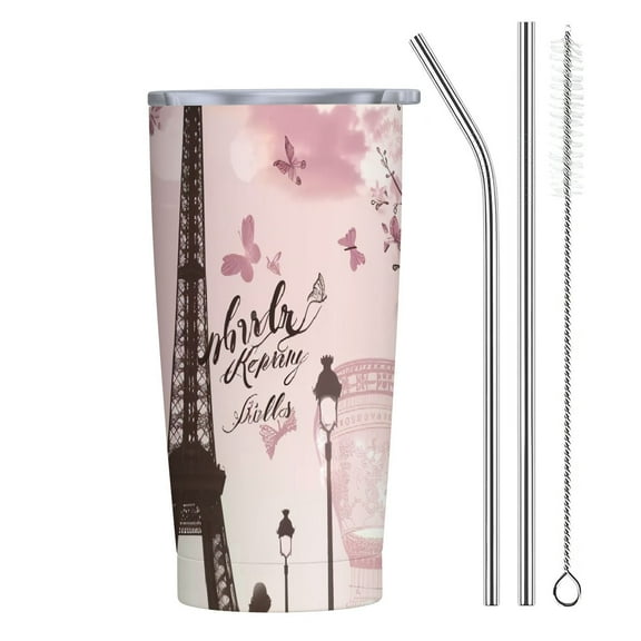 PRATYUS Paris Eiffel Tower 20oz Travel Tumbler With Lid And Straw, Romantic Valentine'S Day Stainless Steel Tumblers Insulated Coffee Cup Mug Gift For Men Women 20oz